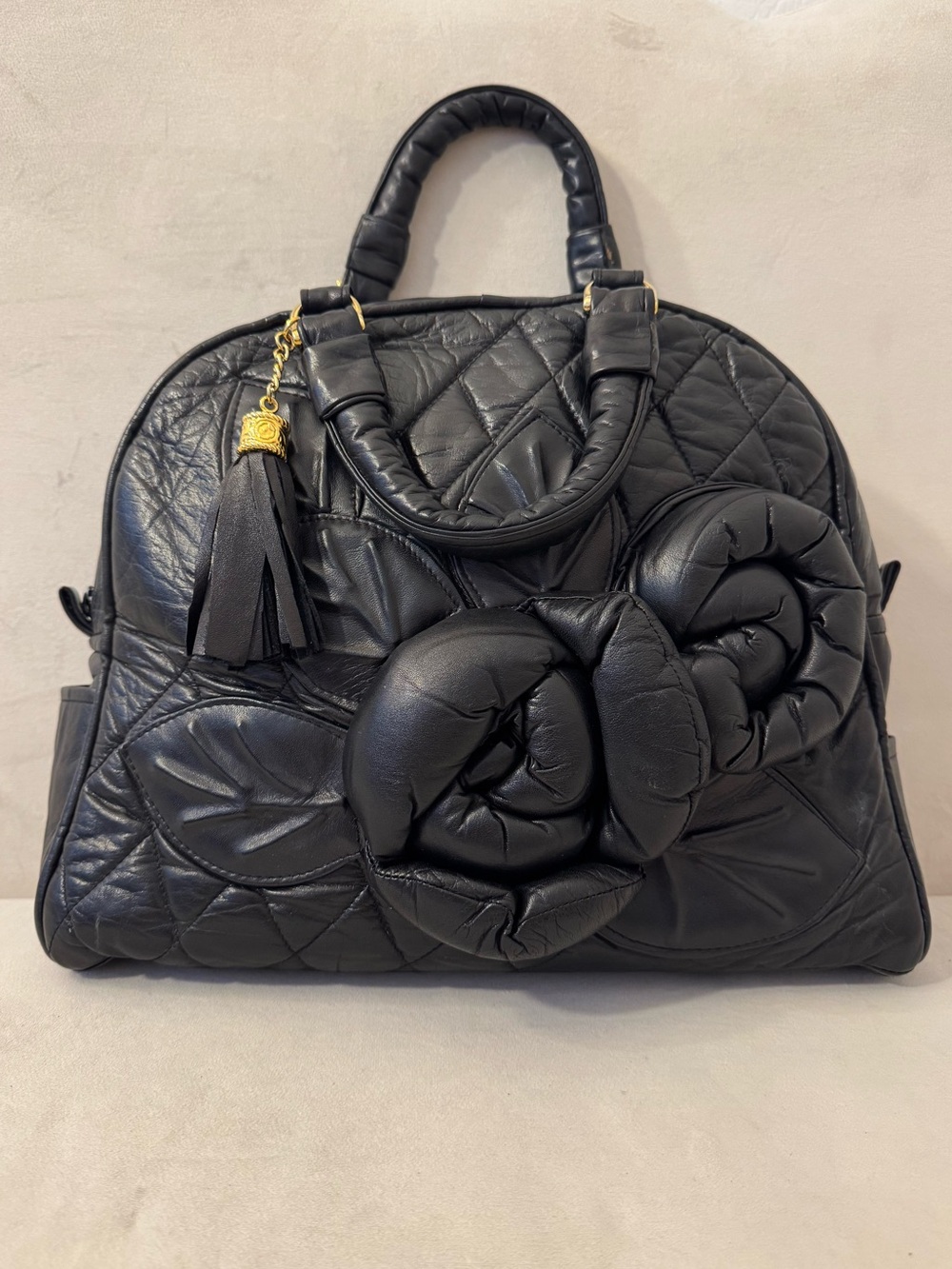 Black Large Vintage Quilted Leather Shoulder Bag 3D Rose Appliqué No Brand